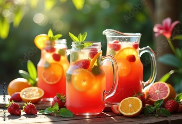 Fototapeta vibrant summer mocktails refreshing beverages colorful clear glass pitchers fruit infusion citrus delight, drink, soda, lemon, lime, orange, berry