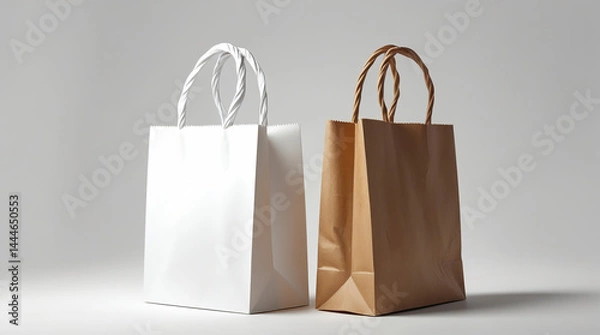 Fototapeta The image features two white paper shopping bags and a brown kraft paper bag, both with twisted handles, isolated on a white background with minimal shadow.