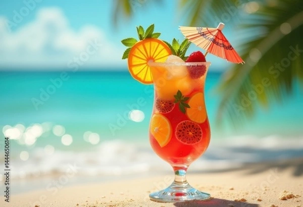 Fototapeta vibrant tropical cocktail garnished exotic fruits colorful refreshing beverage summer fusion party drink, pineapple, mango, orange, kiwi, raspberry