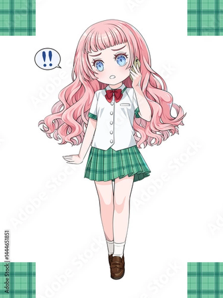 Fototapeta スマホで電話をかけるピンク髪のアニメ風少女。チェック柄のシームレステクスチャ付き