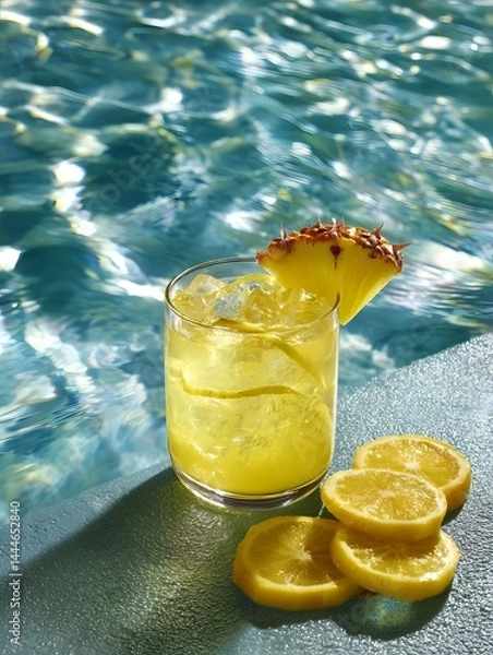 Obraz A cool pineapple drink beside a glistening pool, perfect for sunny summer vibes.