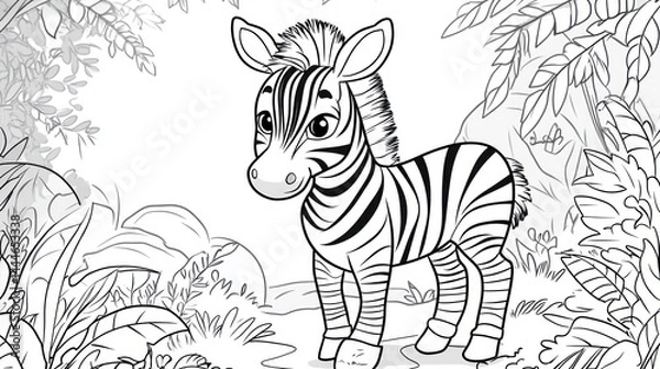 Fototapeta Cute zebra coloring page in jungle background