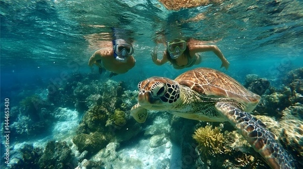 Obraz Discovering joy as gentle turtles embrace vibrant coral beneath the ocean's embrace.