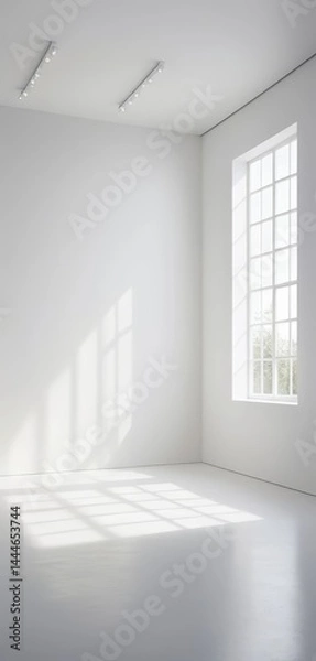 Fototapeta A spacious, empty white room bathed in soft, natural light streaming through a large window, casting gentle shadows on the smooth floor.