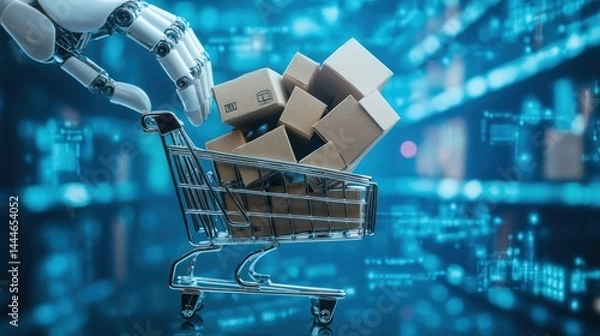 Fototapeta Robotic hand loading packages into a shopping cart.  Futuristic e-commerce concept
