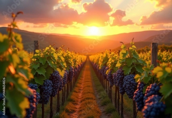 Fototapeta lush vineyard rows sunset vibrant grape bunches golden sky agriculture landscape, plantation, farm, field, nature, fruit, harvest, flora, greenery, scenery