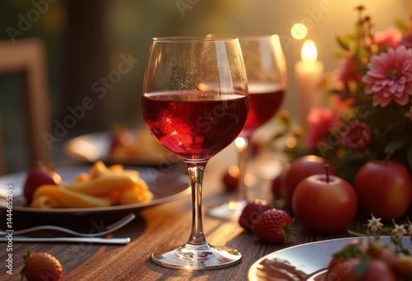 Fototapeta luxurious rich red wine elegant crystal glass capturing reflections refractions gourmet settings, tasting, experience, wineglass, grapes, frenchwine