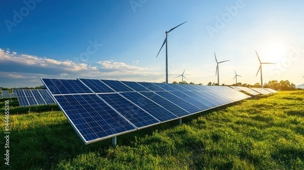 Obraz Solar panels and wind turbines in a grassy field under a partly cloudy sky