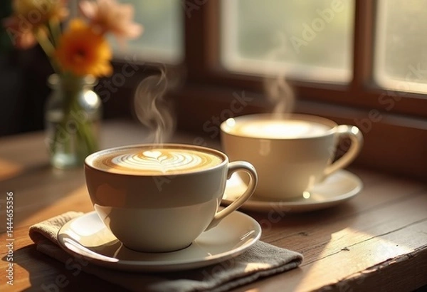 Fototapeta matching ceramic coffee cups intricate latte art designs cozy morning coffee experience, beverage, espresso, tea, kitchen, hot, milk, foam, texture
