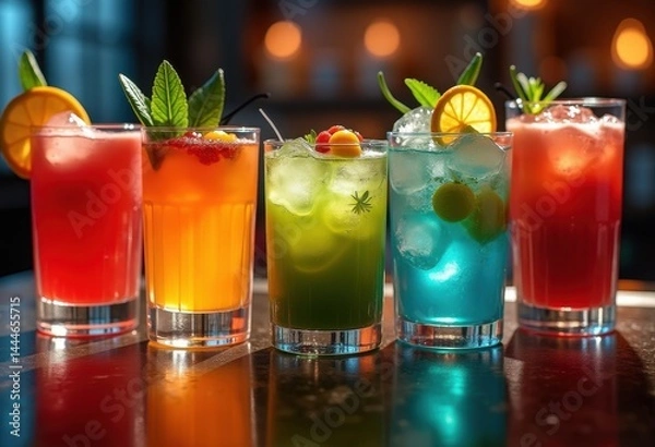 Fototapeta matching cups collection vibrant craft cocktails colorful drink presentation glassware mixology, party, beverage, mark, tasting, cheers, martini, margarita