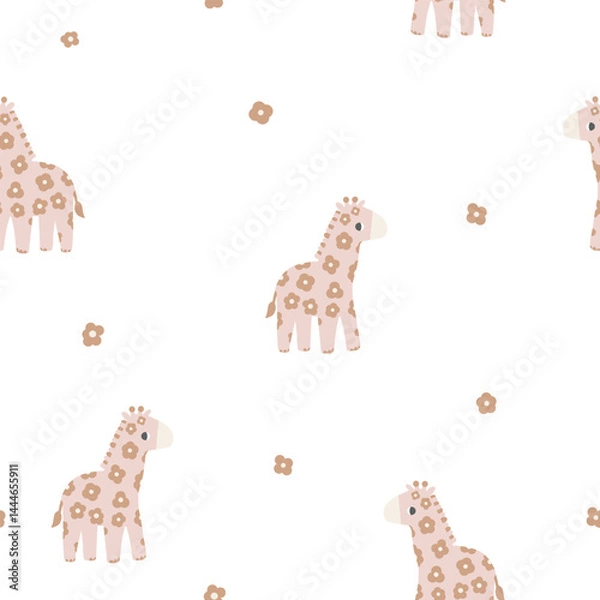 Obraz Baby pattern with cute baby giraffes and flowers, beige pattern for girl greeting card for baby s birth. Seamless background with animals, cute vector texture for baby bedding, fabric, wallpaper