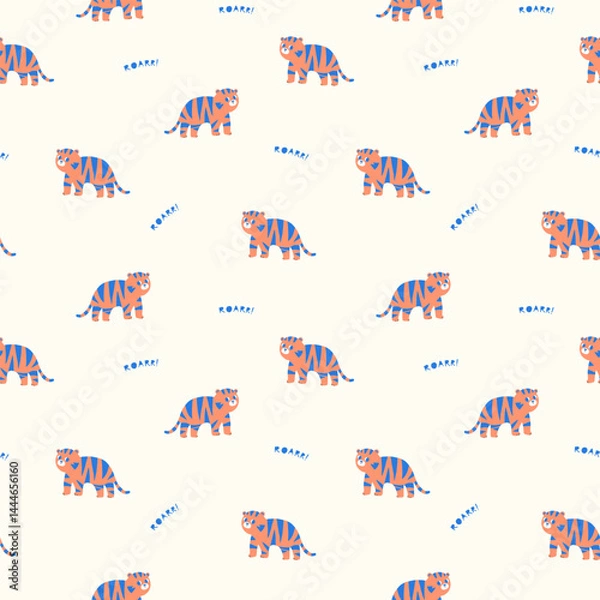 Obraz Seamless pattern with cute safari animals, including a tiger, and lettering. Stylish children s print, small wallpapers, hand drawn vector illustration for kids babies