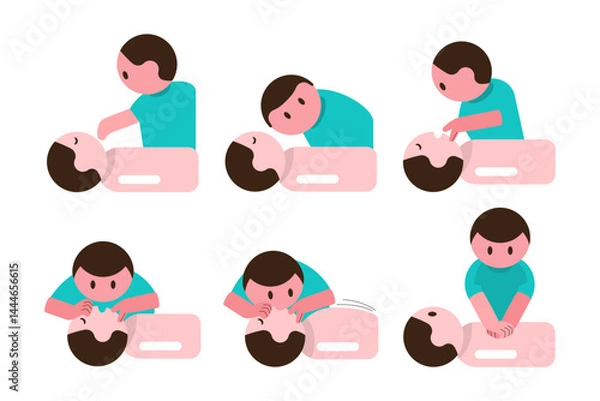 Fototapeta CPR . Cardiopulmonary resuscitation guideline . Include chest compression, open airway and rescue breathing . Flat design cartoon characters . Isolate white background . Vector .