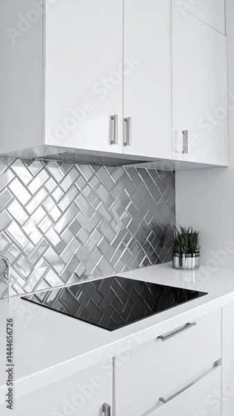 Fototapeta A modern kitchen featuring sleek white cabinets, gleaming silver tiles reflecting light, and a stylish countertop, creating a bright and inviting atmosphere.