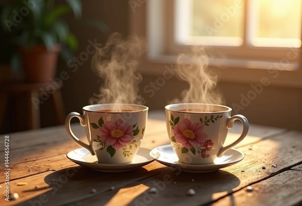 Fototapeta pair elegant ceramic mugs rustic wooden table warm beverage cozy setting, coffee, tea, kitchen, dinnerware, object, home, deco, vintage, drinks, cuisine