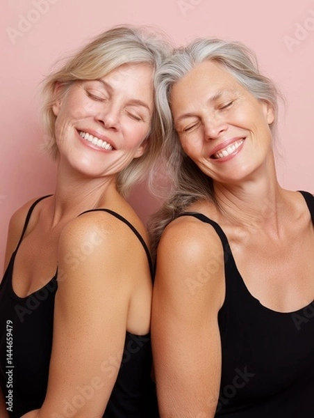 Fototapeta Two smiling women with closed eyes, wearing black tops, posing joyfully against a soft pink background