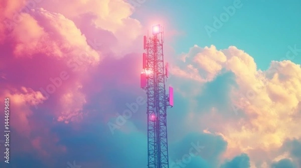 Fototapeta Towering communication structure amidst vibrant clouds