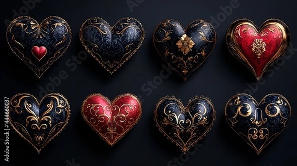 Fototapeta Set of intricate red heart patterns ornamental design