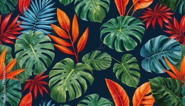 Fototapeta A vibrant seamless pattern featuring lush tropical leaves in various shades of green, showcasing intricate textures and shapes, perfect for summer designs.