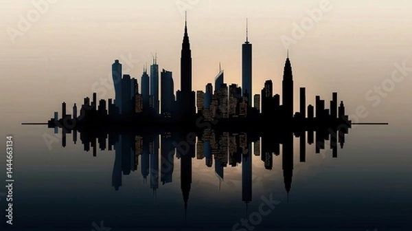 Fototapeta Minimalist city skyline reflection at dusk urban landscape digital art serene environment aesthetic viewpoint