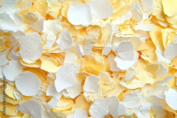 Fototapeta A close-up view of scattered pale yellow and white flower petals  A textured, vibrant background