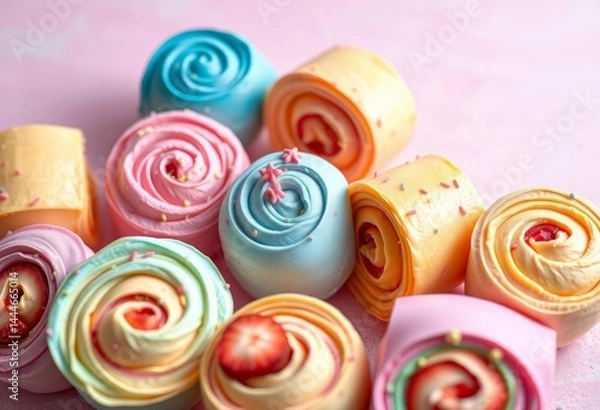 Fototapeta Pastel background, colorful cake rolls with swirled fillings, sprinkles, fruit slices, sprinkles, blueberry