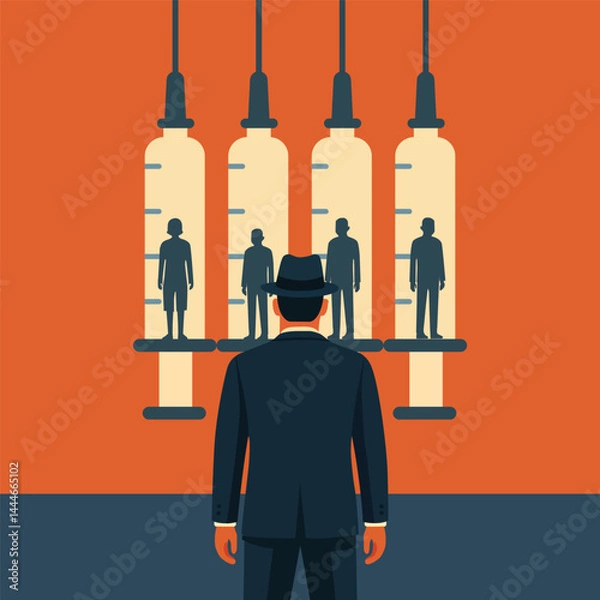Fototapeta International Anti-Drug Day. Vector illustration of a man in a suit standing in front of large syringes containing drug addicted people silhouettes. In vector flat style