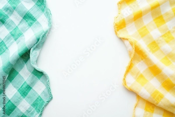 Fototapeta Two checkered cloths, green and yellow, draped on a white surface