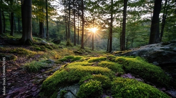 Obraz Green moss under forest light with peaceful mood concept. Serene forest landscape with sunlight filtering through trees.
