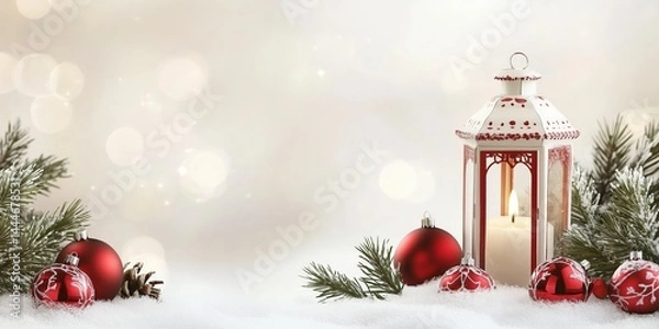 Fototapeta Bright White Lantern Shining in Snowy Landscape with Red Ornaments
