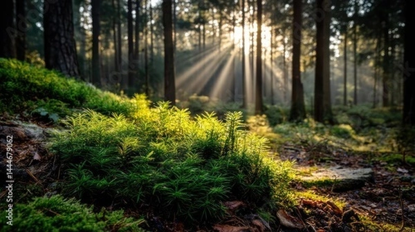 Fototapeta Green moss under forest light with peaceful mood concept. A serene forest scene with sunlight filtering through trees.