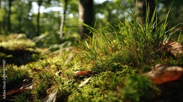 Obraz Green moss in forest with peaceful relax mood concept. Lush green moss and grass in serene forest.