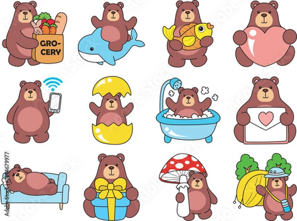 Fototapeta Illustration of cute bear icon.
Funny bear in daily activities elements.
