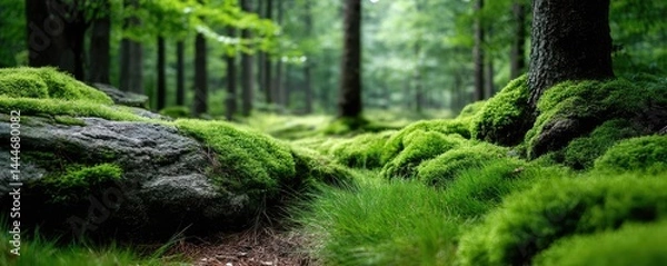 Obraz Green moss in forest with peaceful relax mood concept. Lush green moss covering forest floor.