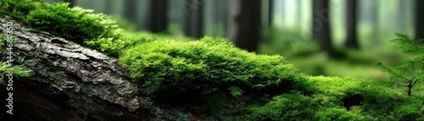 Obraz Green moss under forest light with peaceful mood concept. Lush green moss covering a log in a tranquil forest setting.