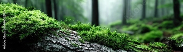 Obraz Green moss between grass and forest with relax mood concept. Lush green moss covering a fallen tree in a serene forest.