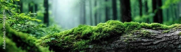 Obraz Green moss between grass and forest with relax mood concept. Lush green forest scene with moss-covered log and soft light.