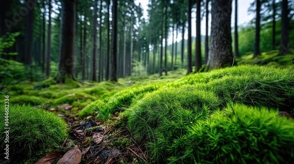 Obraz Green moss in forest with peaceful relax mood concept. Lush greenery in a tranquil forest setting