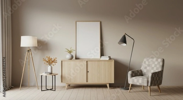 Fototapeta Interior view of a living room with a cabinet, lamp, chair, and a blank picture frame on the cabinet