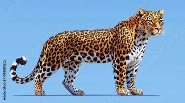 Obraz A detailed illustration of a large spotted cat standing against a light blue background.  Its fur is vividly depicted