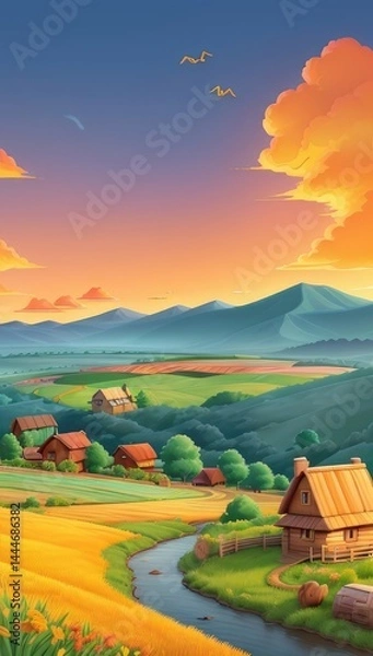 Fototapeta Vast green fields stretch under a blue sky in a peaceful rural countryside, a scene of summer agriculture
