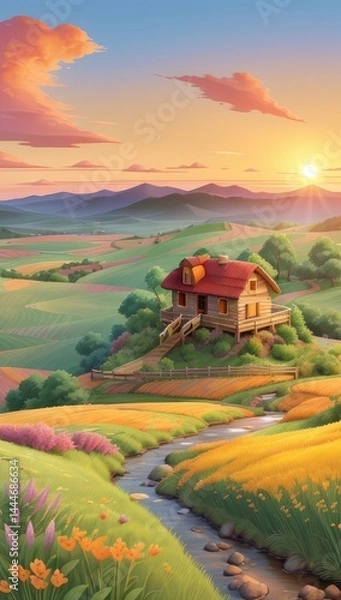 Fototapeta Vast green fields stretch under a blue sky in a peaceful rural countryside, a scene of summer agriculture