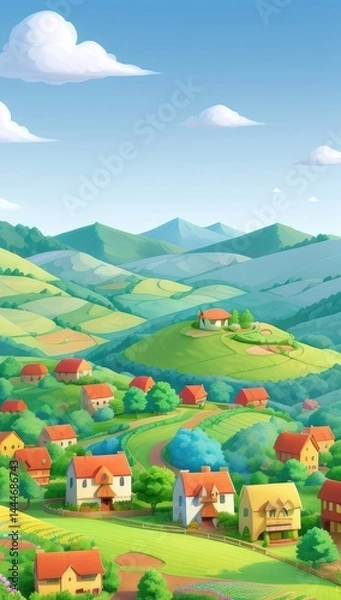 Fototapeta Vast green fields stretch under a blue sky in a peaceful rural countryside, a scene of summer agriculture