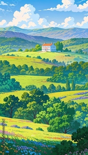 Obraz Vast green fields stretch under a blue sky in a peaceful rural countryside, a scene of summer agriculture