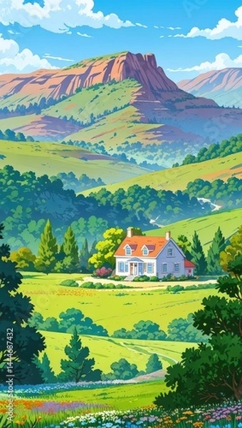 Fototapeta Vast green fields stretch under a blue sky in a peaceful rural countryside, a scene of summer agriculture