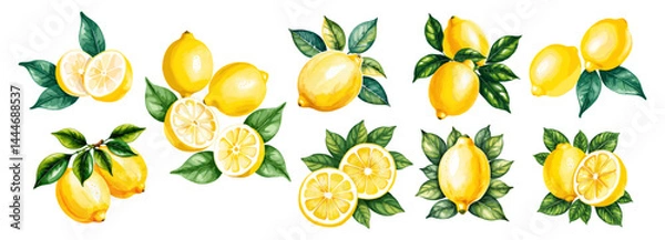 Fototapeta Set of lemons citrus fruits, whole and cut, with green leaves. Watercolor style vector illustration isolated on white background