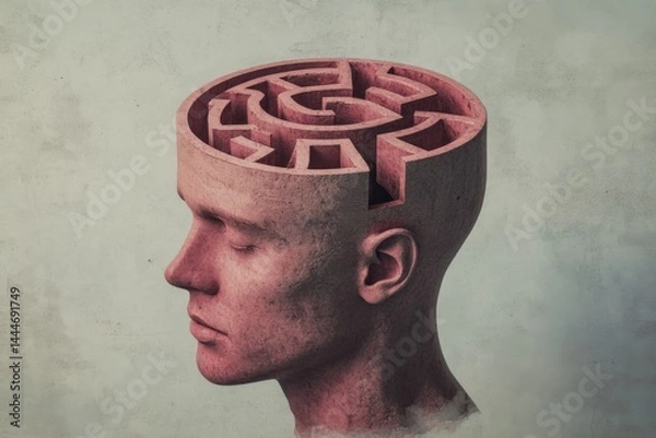 Obraz Red stone head with spiral brain labyrinth