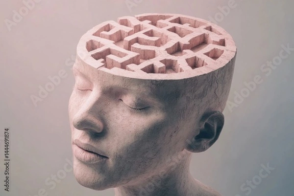 Fototapeta Light-toned sculpture of head with brain maze