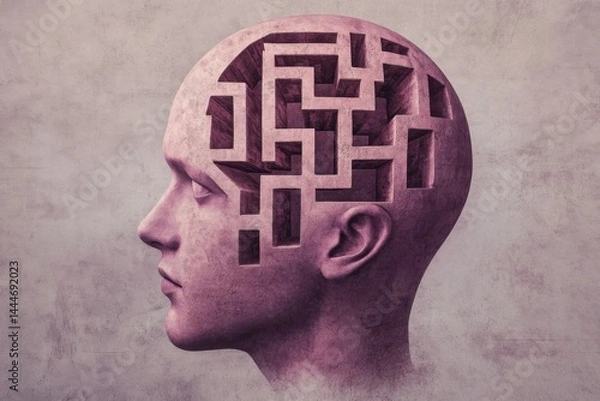 Fototapeta Artistic brain maze carved in side profile head
