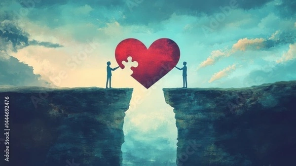 Fototapeta Puzzle heart bridge between couple on cliffs